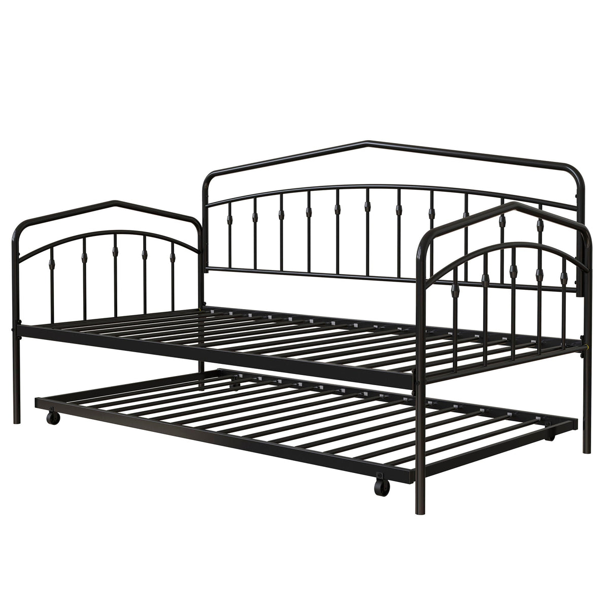 Fox daybed with twin trundle, black metal frame, curved rails and slatted base on Tampa Home & Garden Store