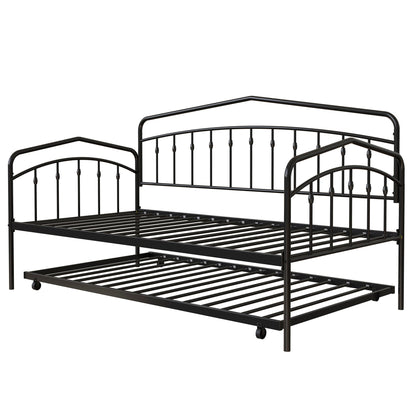 Fox daybed with twin trundle, black metal frame, curved rails and slatted base on Tampa Home & Garden Store