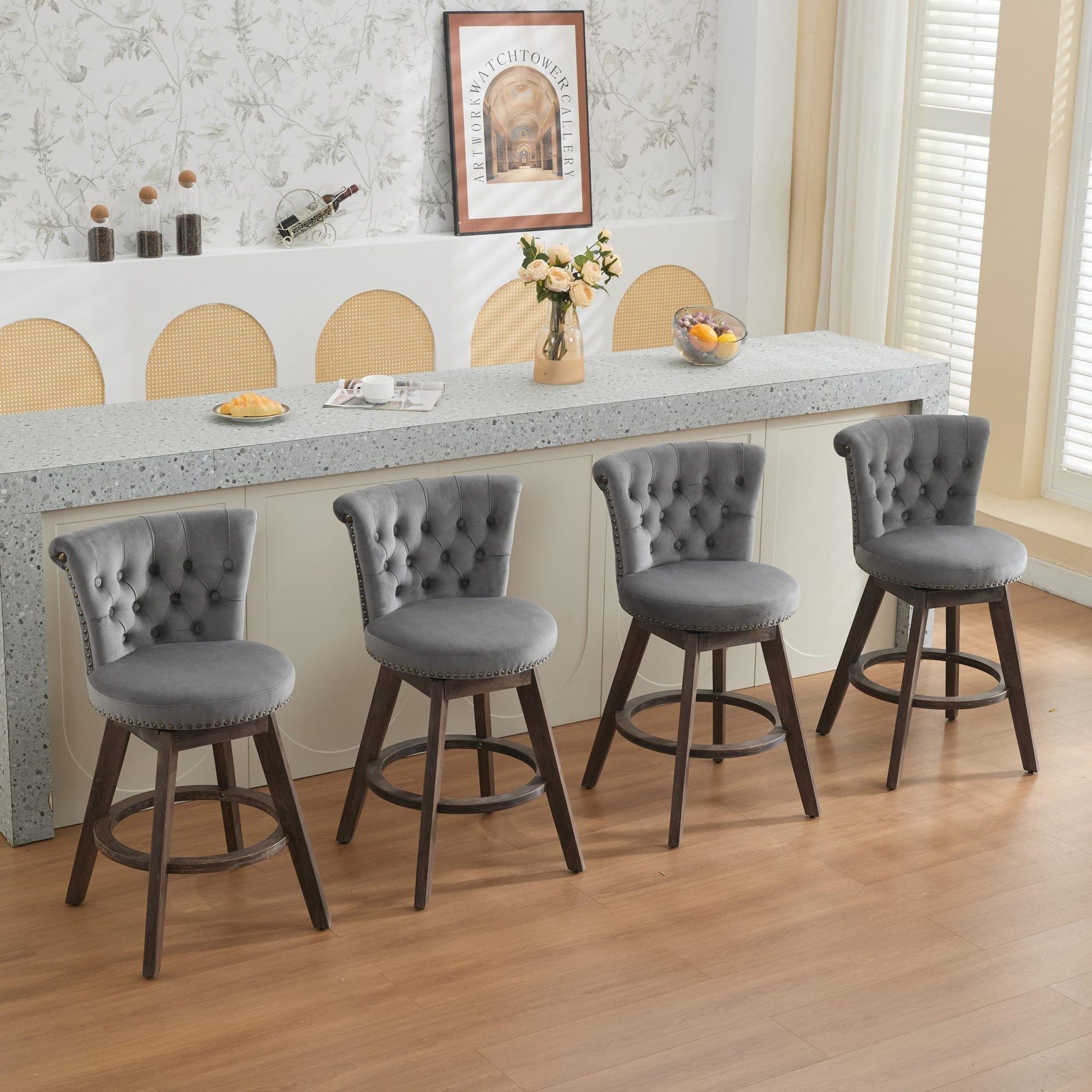 26in Counter Height Bar Stools set of 2 gray velvet upholstery 360° swivel HouseOfZazla on Tampa Home & Garden Store