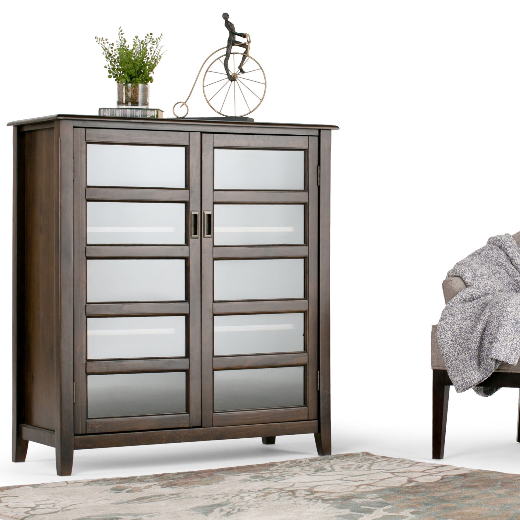 Burlington medium storage cabinet in mahogany brown with frosted glass panel doors on Tampa Home & Garden Store