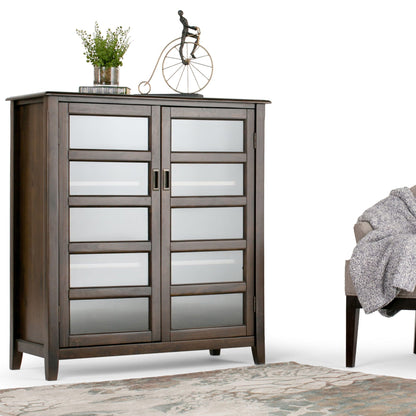 Burlington medium storage cabinet in mahogany brown with frosted glass panel doors on Tampa Home & Garden Store