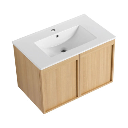 Floating bathroom vanity with sink combo, white ceramic sink on a light wood cabinet on Tampa Home & Garden Store