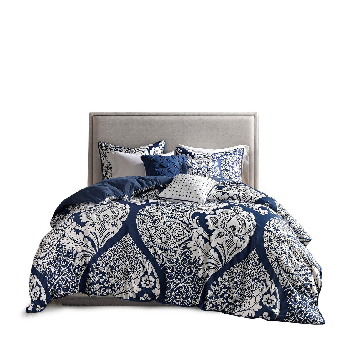 7 Piece Indigo Queen Cotton Printed Comforter Set navy white damask pattern on Tampa Home & Garden Store