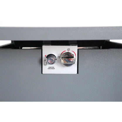 Outdoor Fire Pit Table control panel in gray with ignition knob, high/low settings on Tampa Home & Garden Store