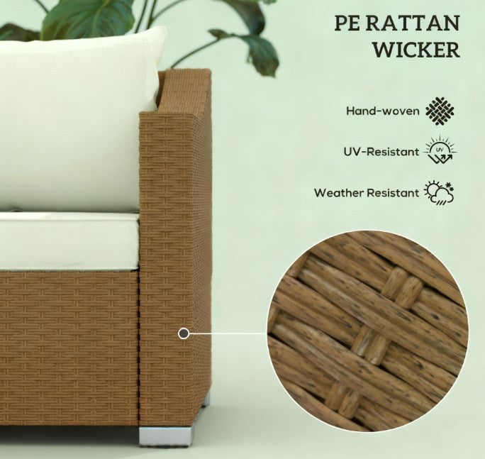 Rattan wicker outdoor sofa by HouseOfZazla with beige cushions and throw pillows handwoven frame on Tampa Home & Garden Store
