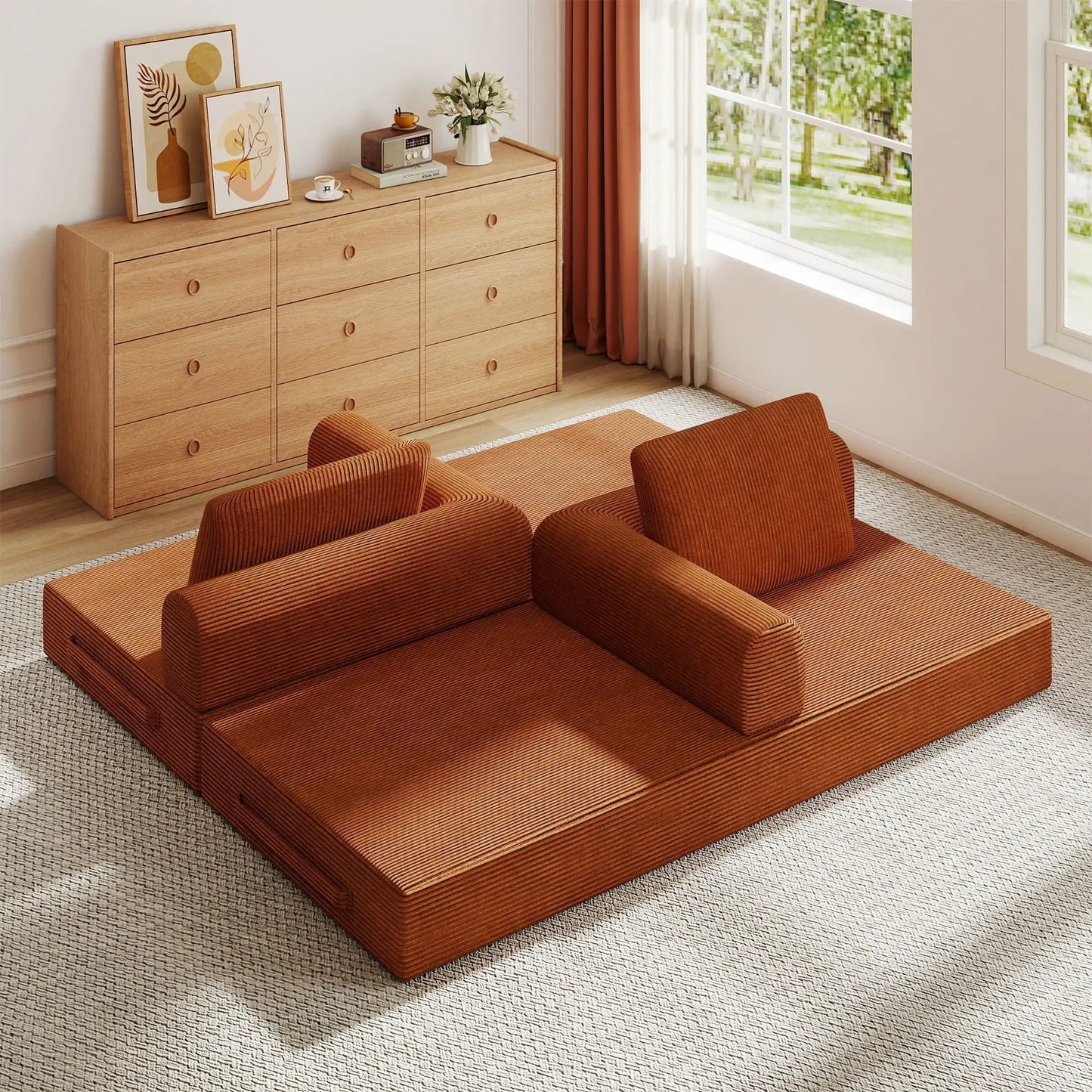 Convertible Sleeper Sofa Bed in orange fabric with fixed frame by Unique Piece Furniture on Tampa Home & Garden Store