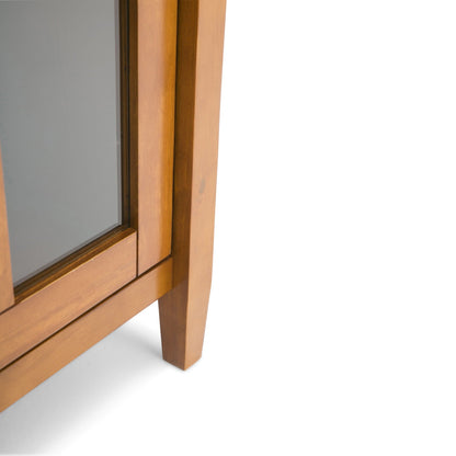 Warm Shaker handcrafted low storage cabinet accent table with warm wood finish and glass panel on Tampa Home & Garden Store