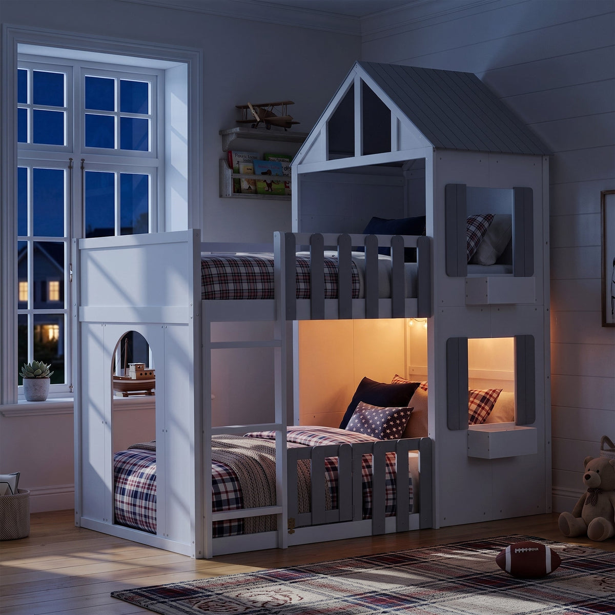 Twin over twin house bunk bed by HouseOfZazla; white wood frame with gray roof, plaid bedding on Tampa Home & Garden Store