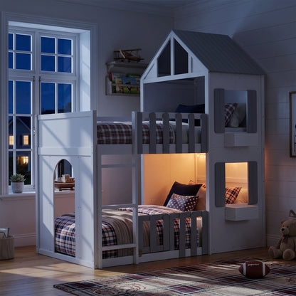 Twin over twin house bunk bed by HouseOfZazla; white wood frame with gray roof, plaid bedding on Tampa Home & Garden Store