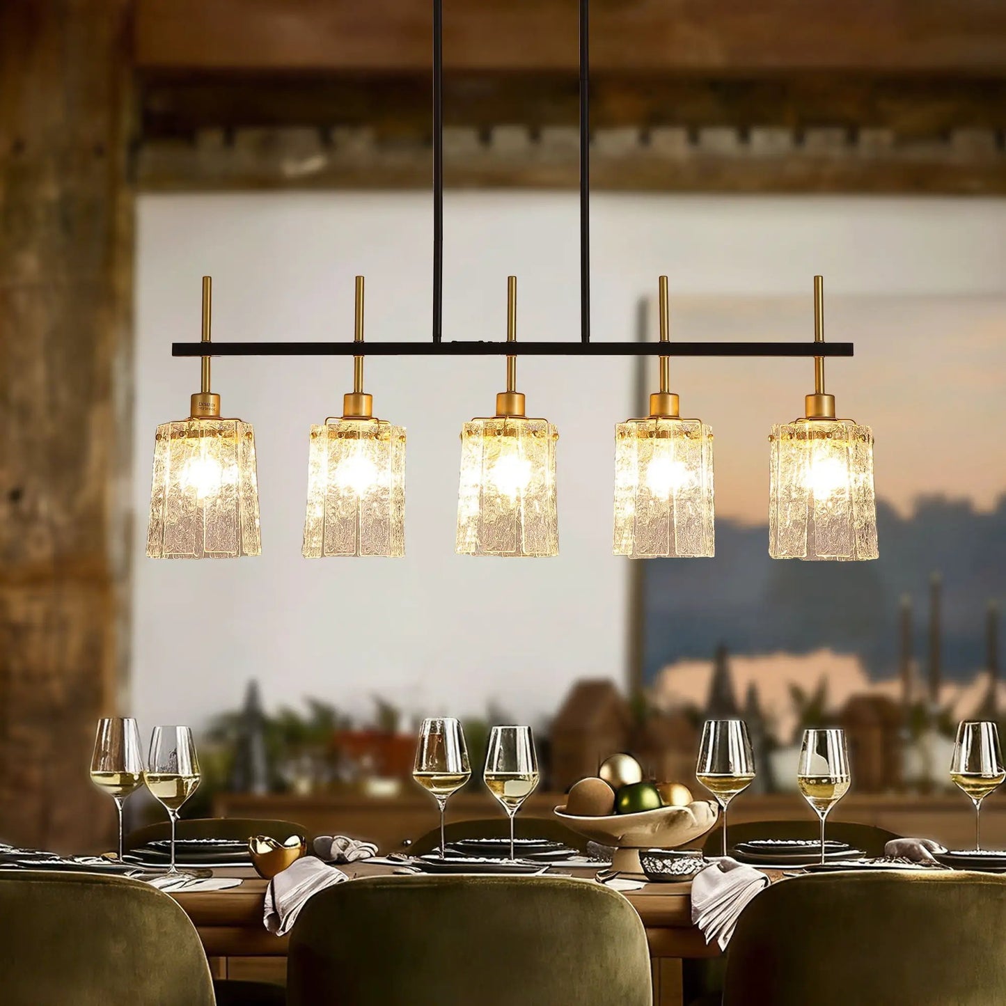 Chandelier 5 Light by Unique Piece Furniture in black and gold with crystal glass shades on Tampa Home & Garden Store