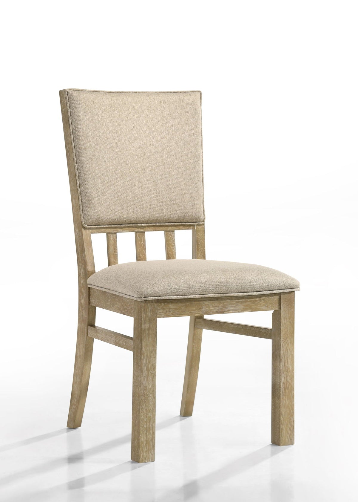 Wide dining chair in reclaimed wheat with beige upholstery on light wood frame on Tampa Home & Garden Store