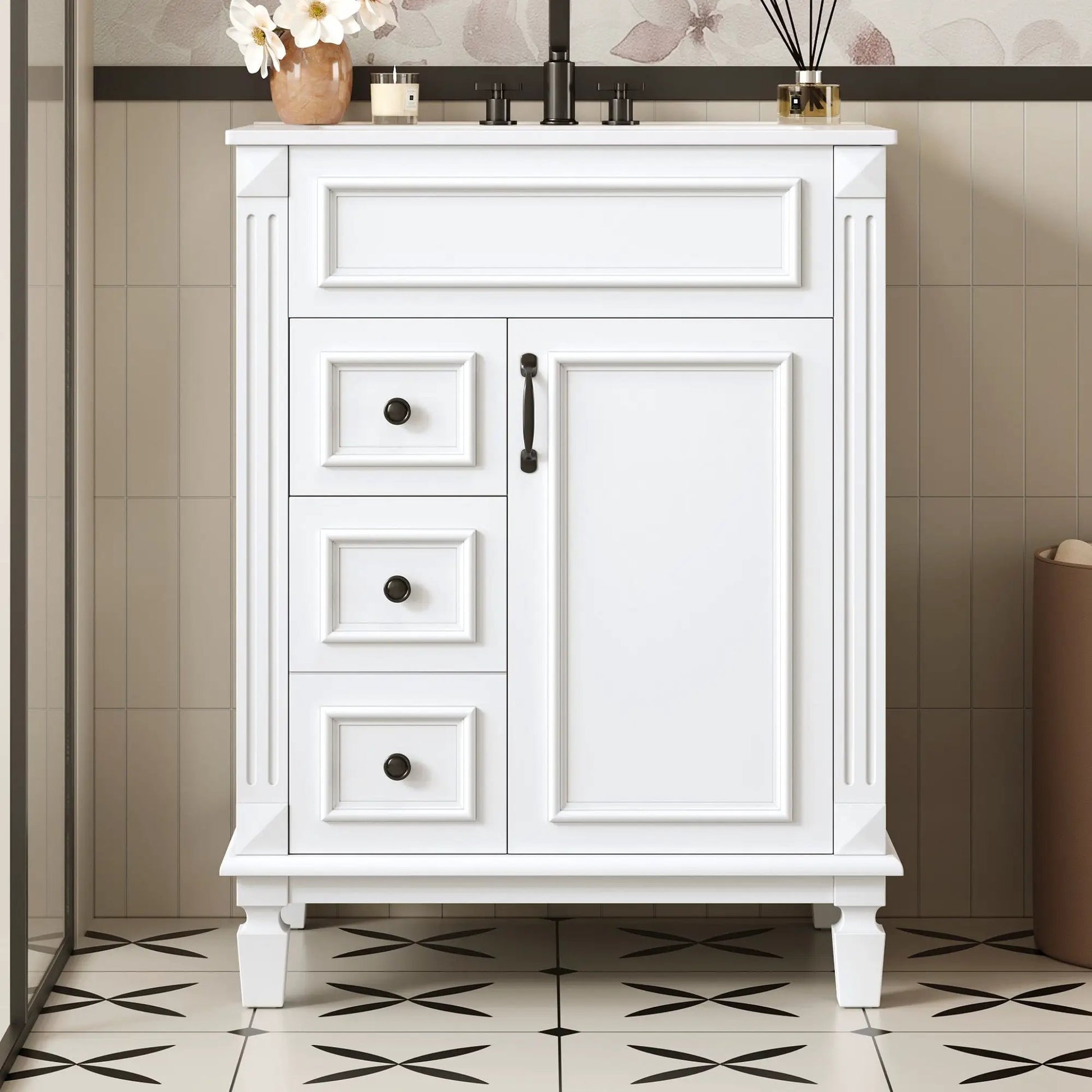 White bathroom vanity with sink, compact cabinet, 2 drawers and adjustable shelf, black hardware on Tampa Home & Garden Store