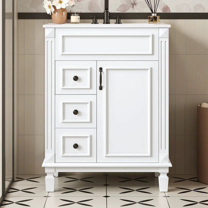White bathroom vanity with sink, compact cabinet, 2 drawers and adjustable shelf, black hardware on Tampa Home & Garden Store