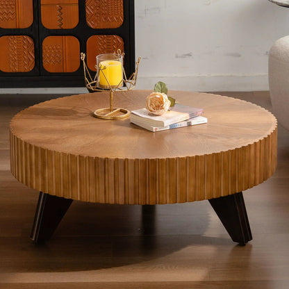 Round Retro Coffee Table with Solid Wood Legs