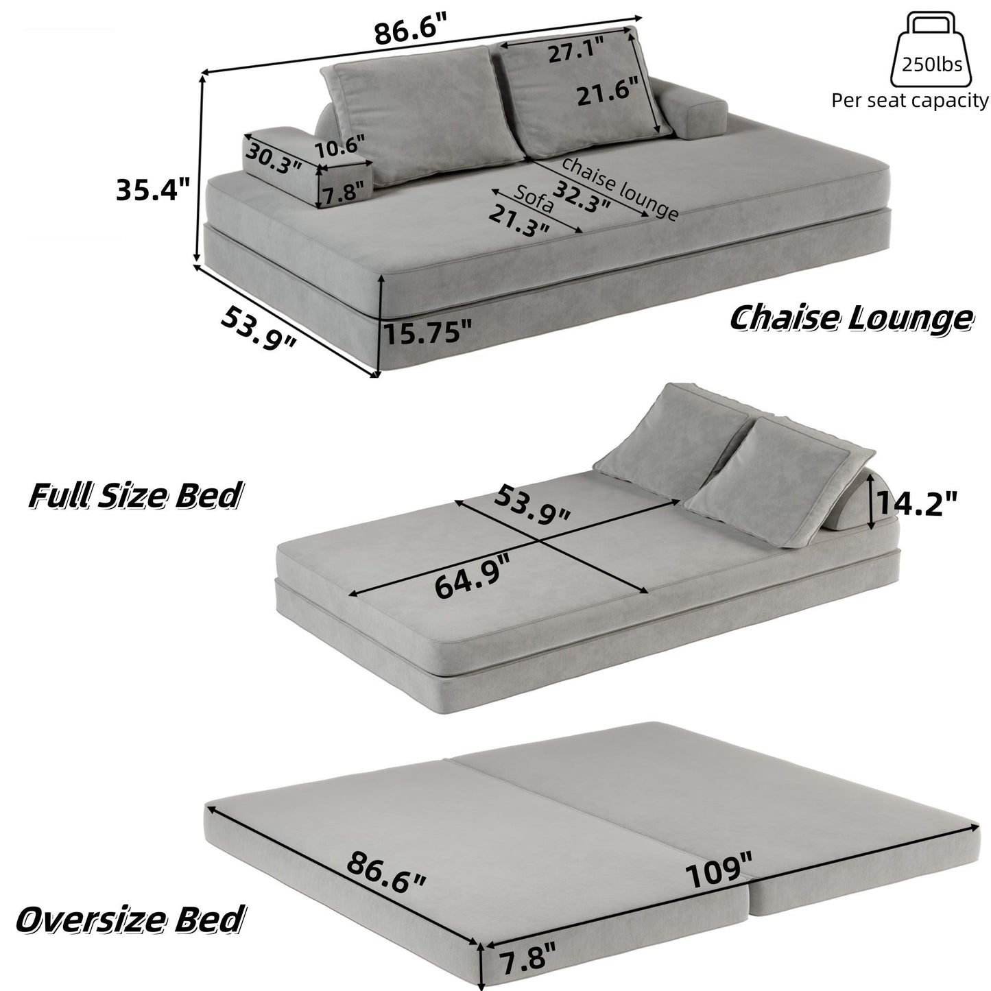 Modular Sofa Bed With Two Backrests and Pillows
