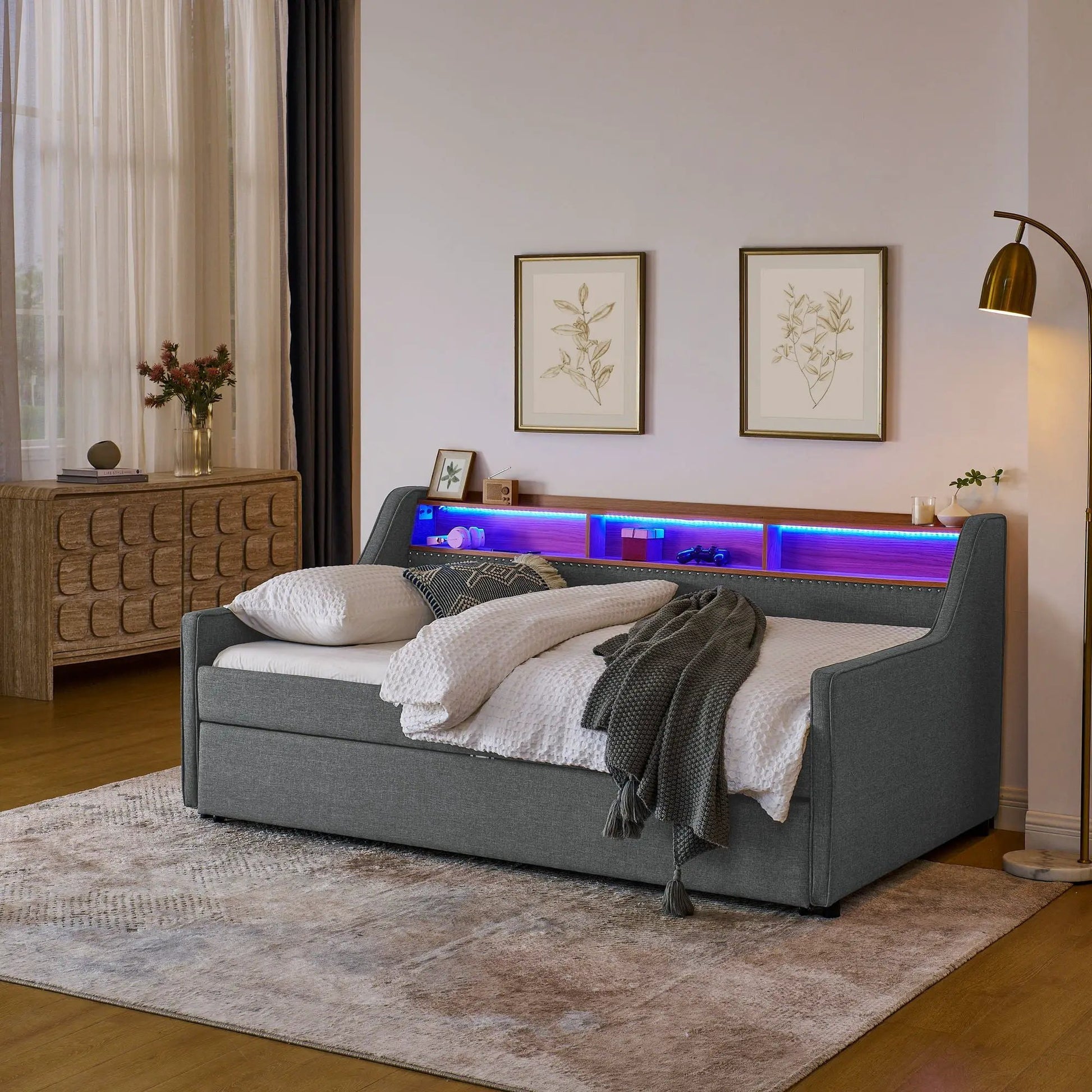 Upholstered gray storage bed with LED-lit headboard, foldable trundle; Unique Piece Furniture on Tampa Home & Garden Store