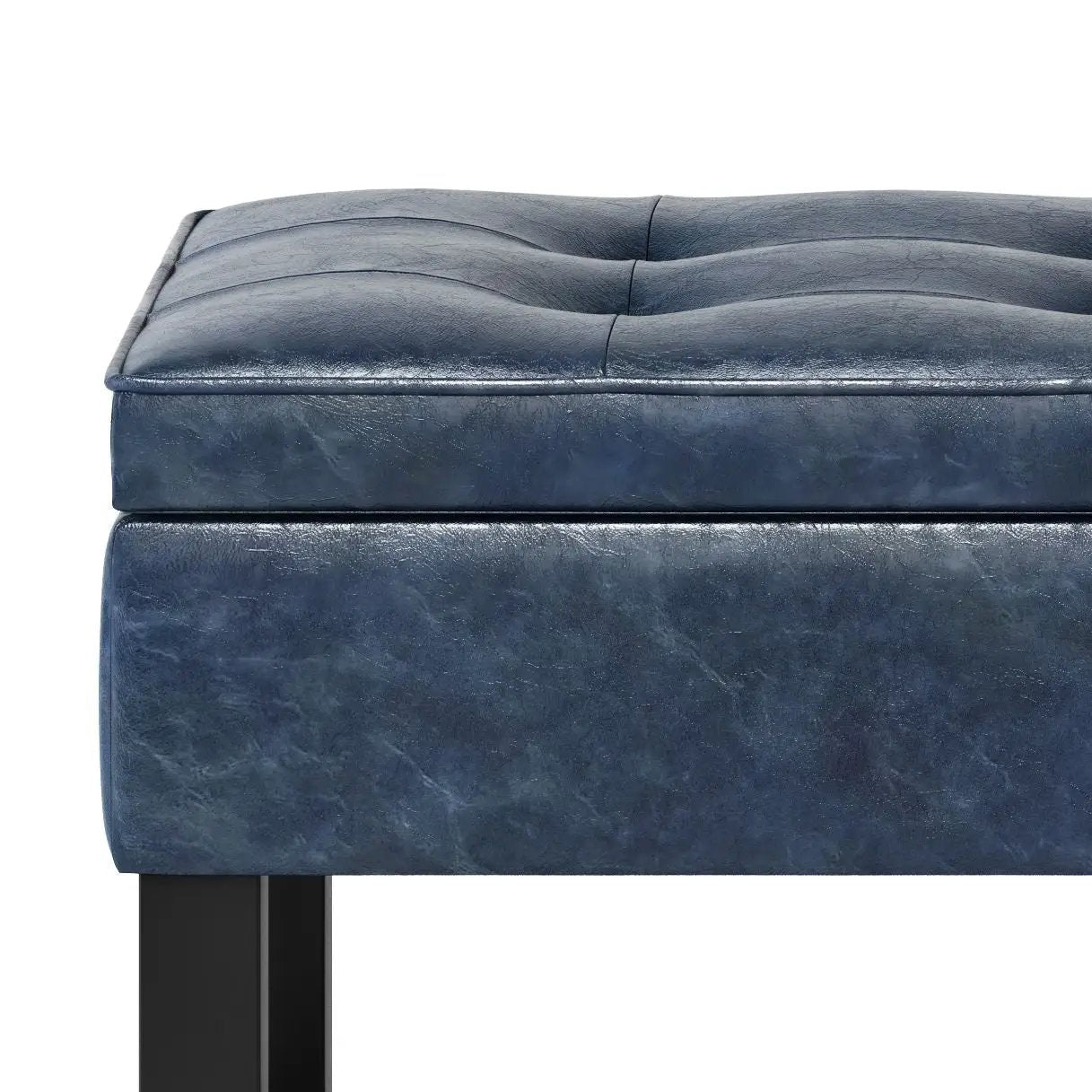 Cosmopolitan storage ottoman bench blue leather with open bottom and black legs on Tampa Home & Garden Store