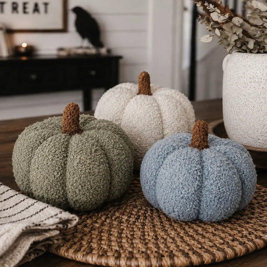 Blair Pumpkin throw pillows set of 3 by Gia Roma in sage green, cream and blue on woven placemat on Tampa Home & Garden Store