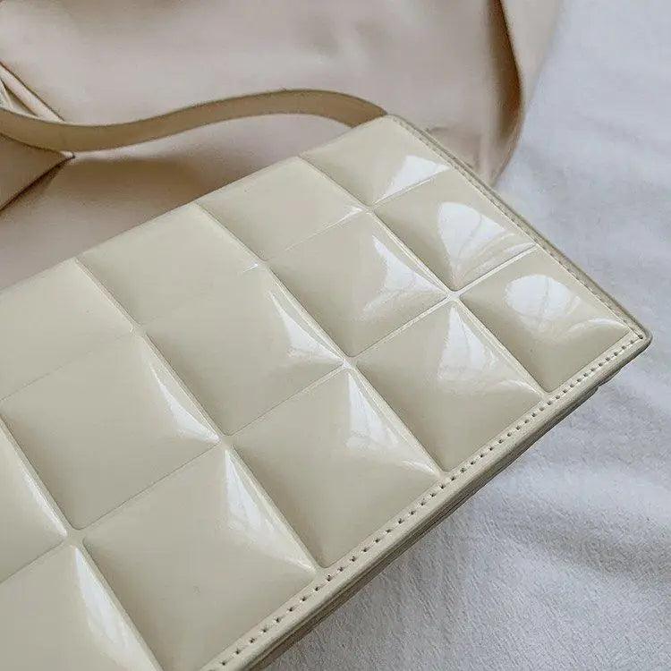 Stevvex cream PU leather shoulder bag with glossy quilted square panels crossbody strap on Tampa Home & Garden Store