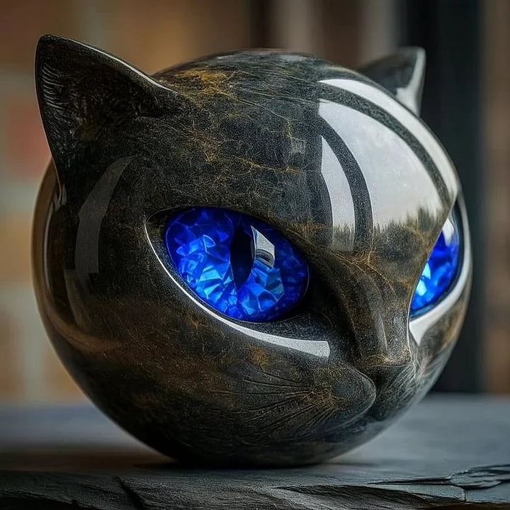 Cat head decorative sculpture with dark metallic finish and vivid blue crystal eyes on Tampa Home & Garden Store