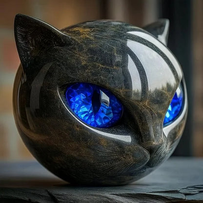 Cat head decorative sculpture with dark metallic finish and vivid blue crystal eyes on Tampa Home & Garden Store