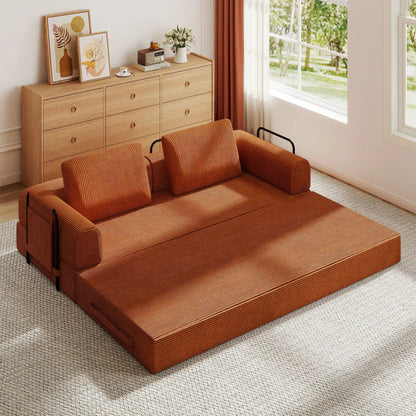 Convertible sleeper sofa with cylindrical pillow in burnt orange fabric, fixed frame futon on Tampa Home & Garden Store
