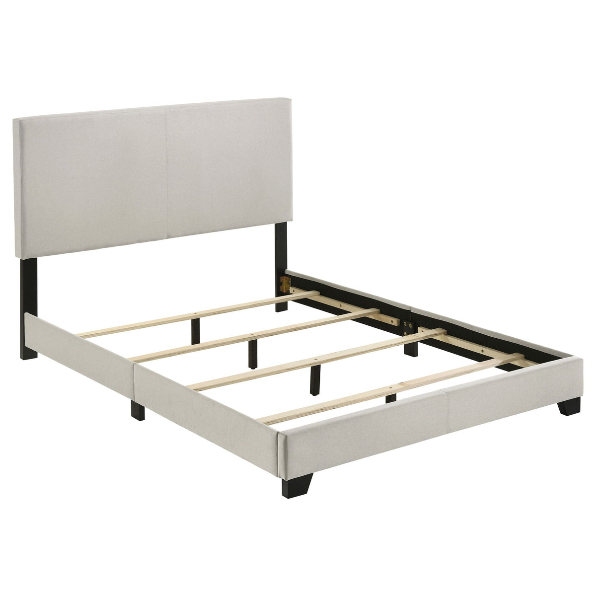 Efram Panel Bed upholstered in light gray fabric with black metal legs by HouseOfZazla on Tampa Home & Garden Store