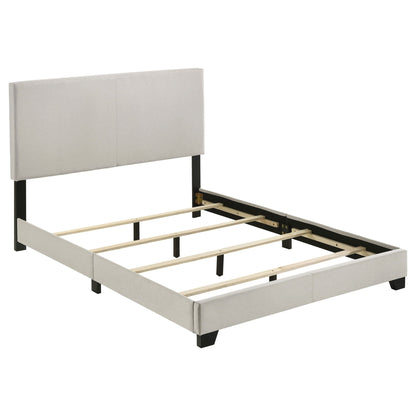 Efram Panel Bed upholstered in light gray fabric with black metal legs by HouseOfZazla on Tampa Home & Garden Store