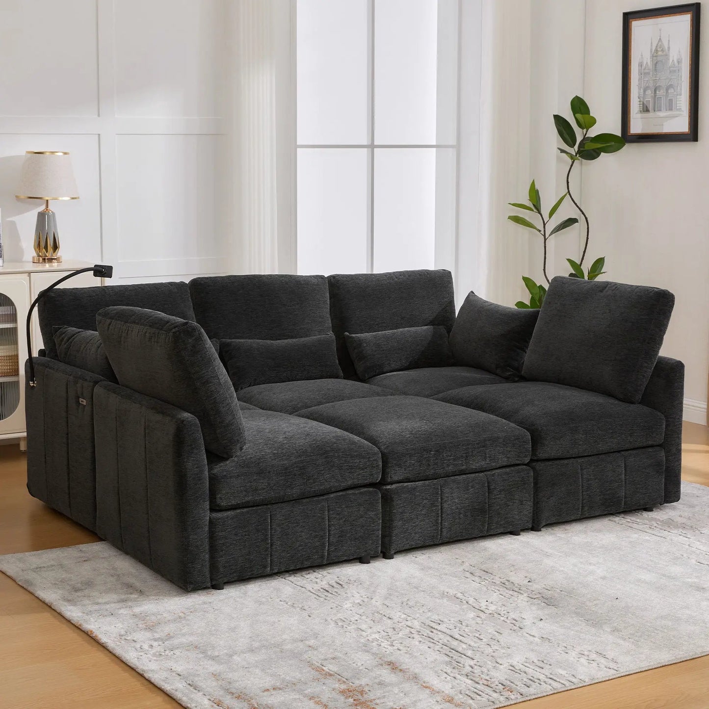Modern modular U-shaped sofa bed, 2-piece living room set in charcoal gray fabric on Tampa Home & Garden Store