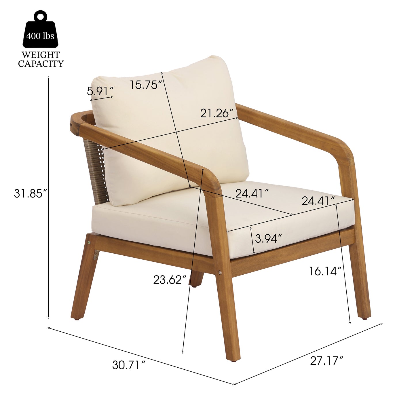 Acacia Wood Outdoor Patio Club Chair with Cushion