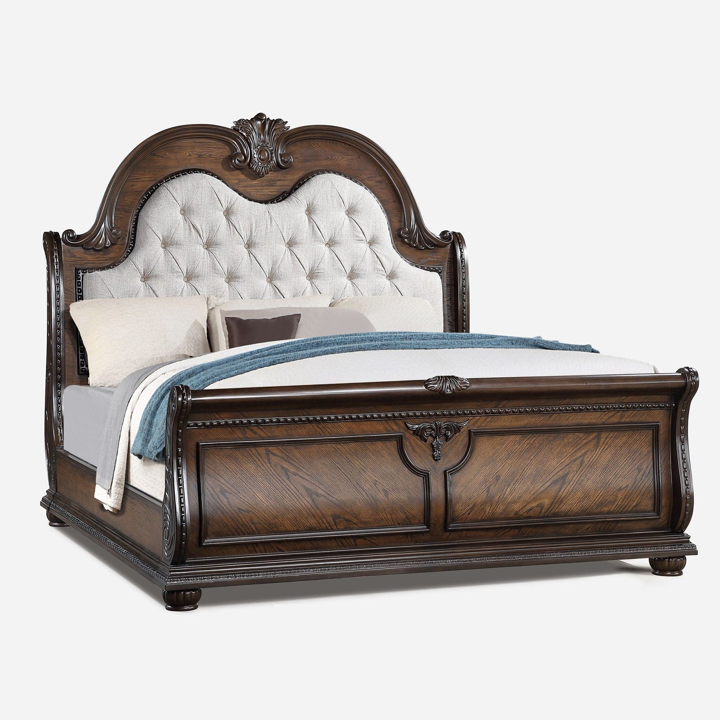 Traditional sleigh bed with button-tufted beige headboard and dark wood frame HouseOfZazla on Tampa Home & Garden Store