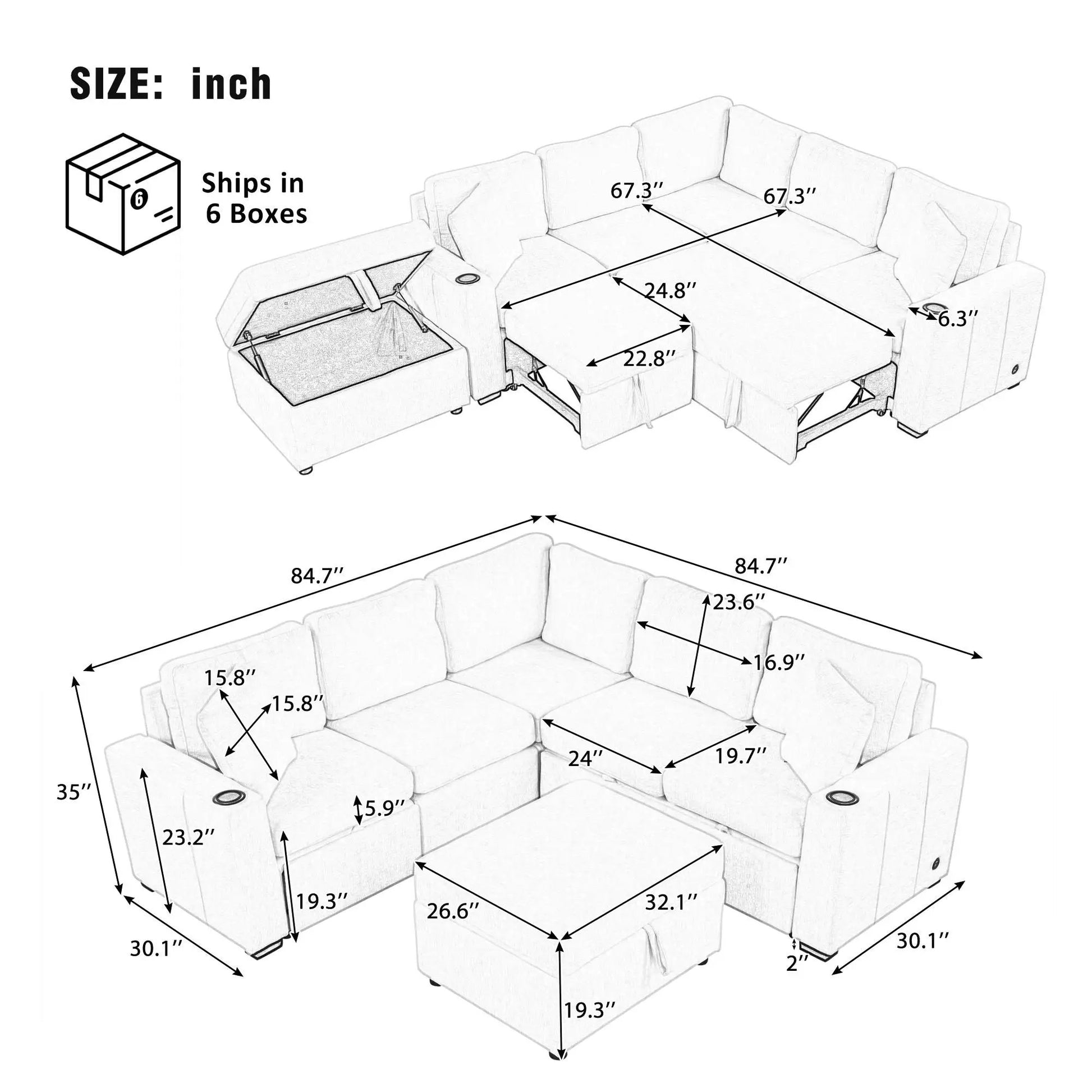 Sectional sofa convertible pull-out bed with movable storage ottoman, 2-piece living room set on Tampa Home & Garden Store