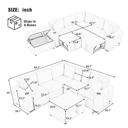 Sectional sofa convertible pull-out bed with movable storage ottoman, 2-piece living room set on Tampa Home & Garden Store