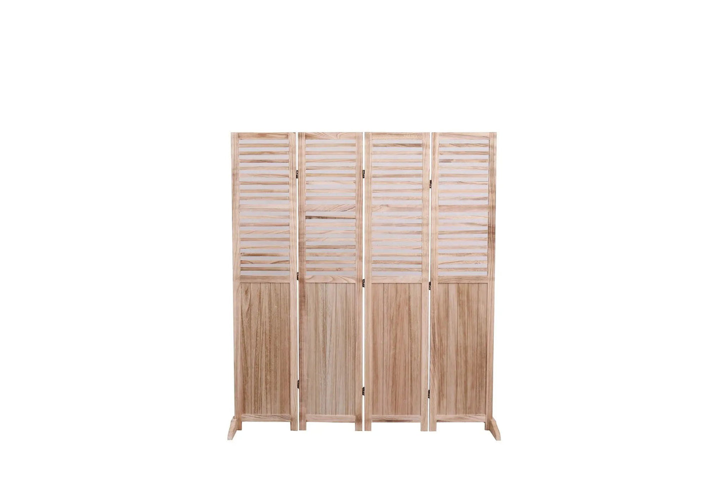 Four-panel wooden folding room divider with slatted upper sections and solid lower panels on Tampa Home & Garden Store