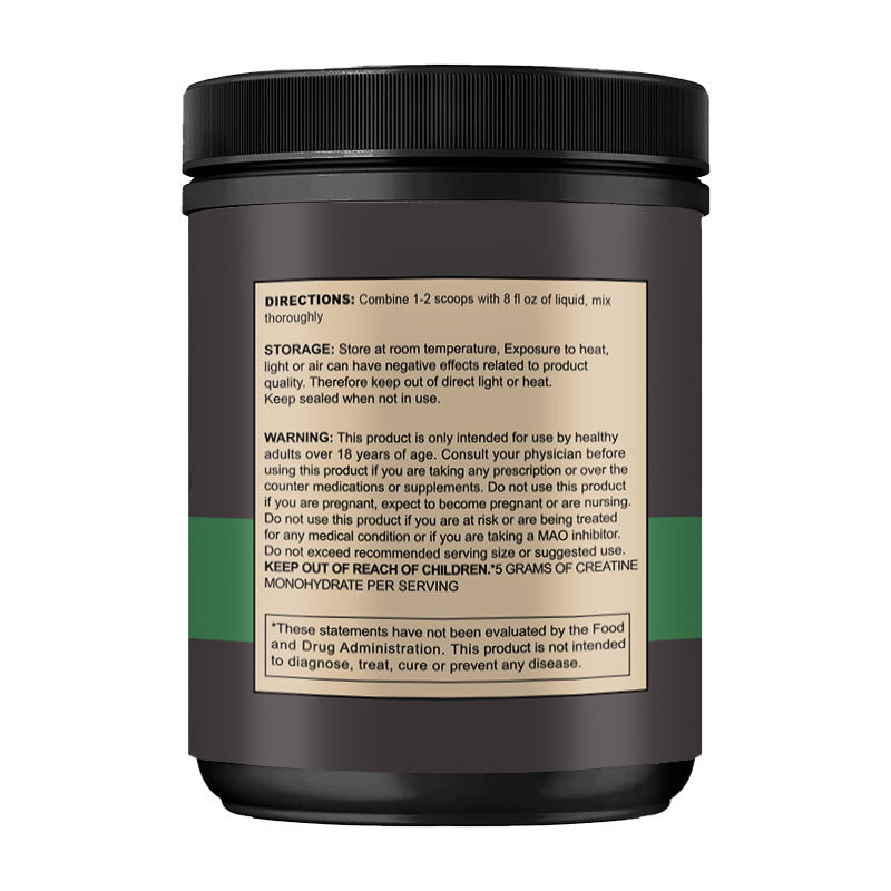 Creatine powder supplement jar by Perfecsy, dark brown bottle with black screw cap on Tampa Home & Garden Store