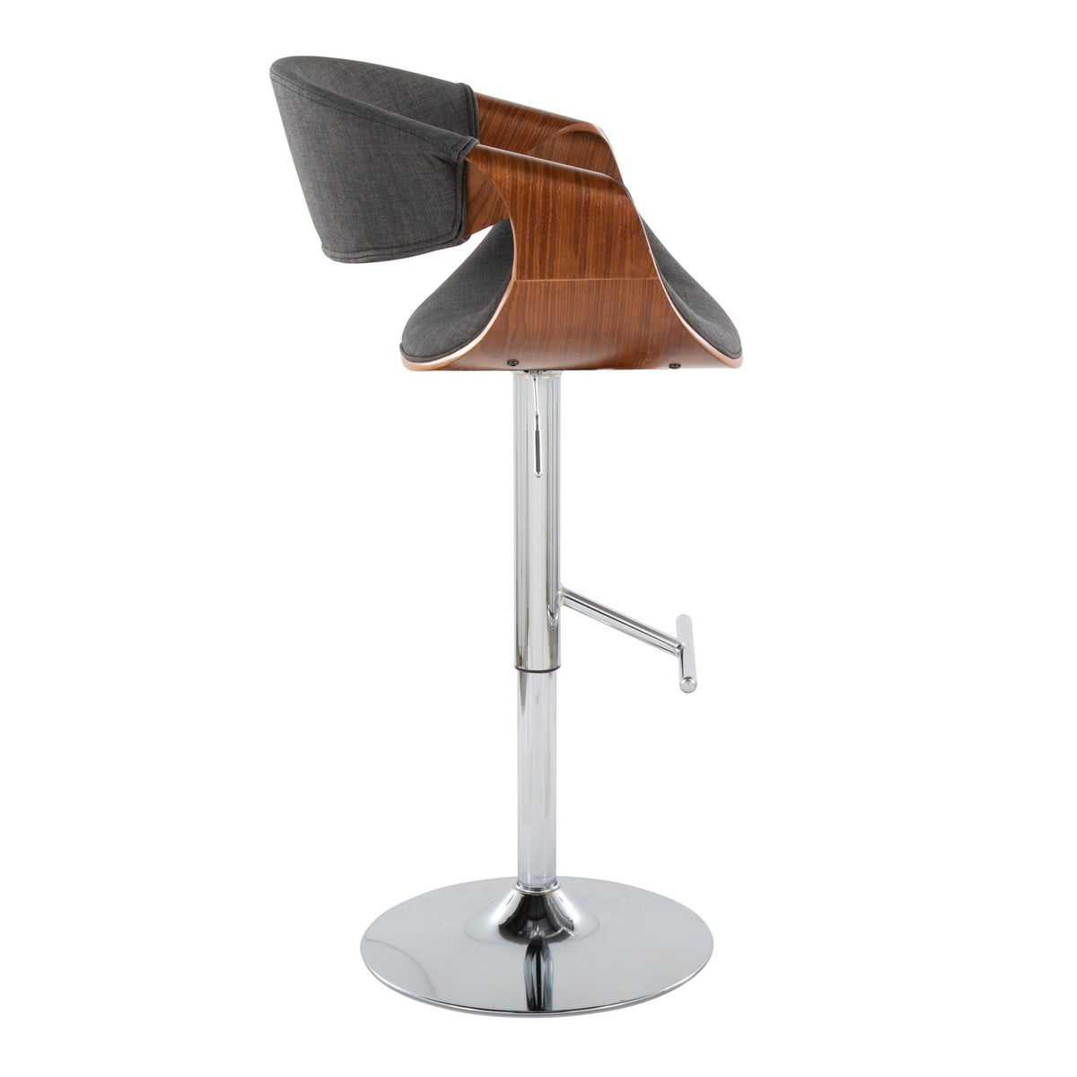 Mid Century adjustable barstool with swivel, wood shell and gray cushion on chrome pedestal base on Tampa Home & Garden Store