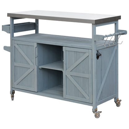 K&K Outdoor Kitchen Island Rolling Bar Cart & Storage, blue-gray wood, white top, wheels on Tampa Home & Garden Store