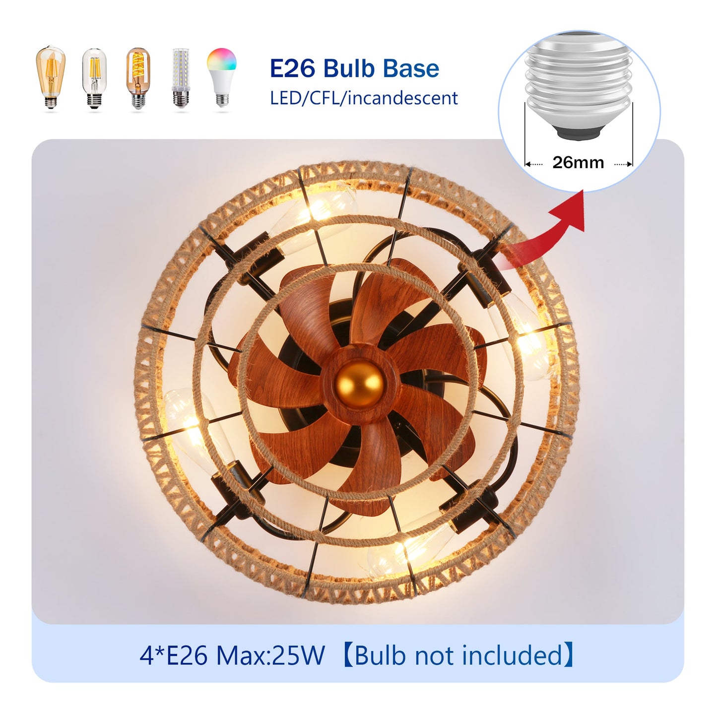 20-inch rope-caged flush mount ceiling fan with light kit and remote, wood blades, HouseOfZazla on Tampa Home & Garden Store