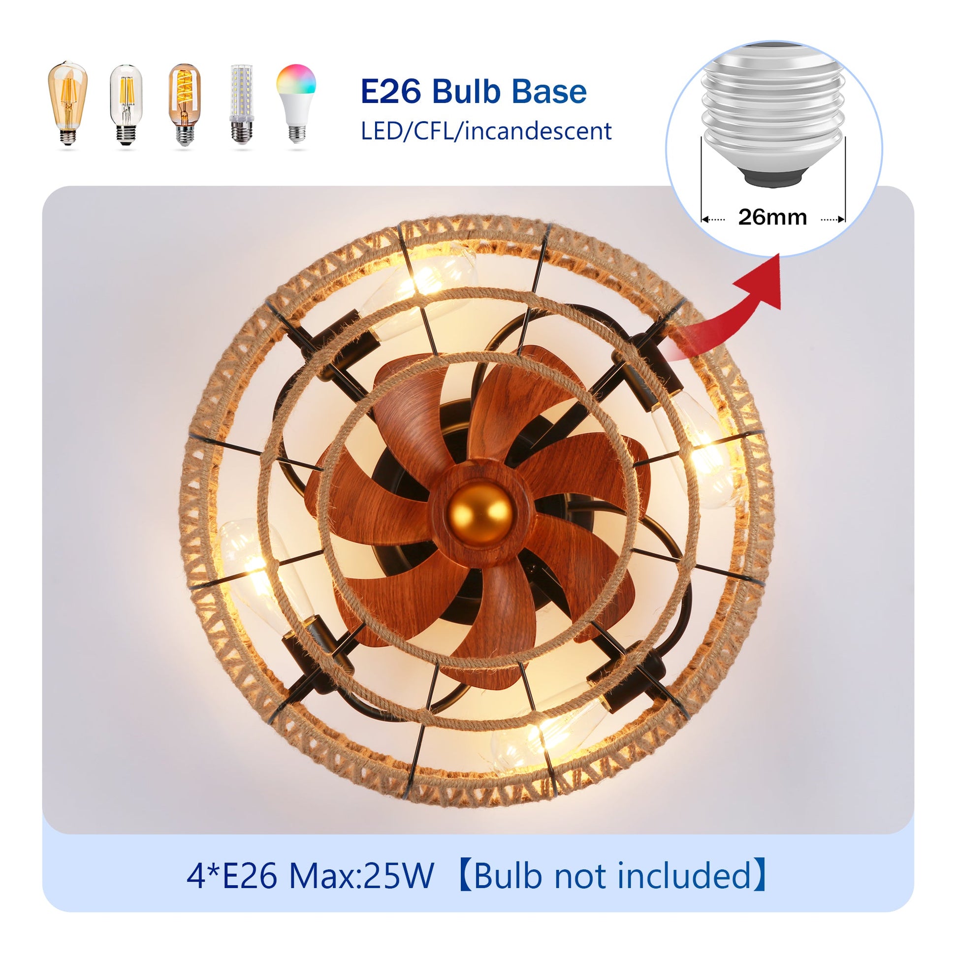 20-inch rope-caged flush mount ceiling fan with light kit and remote, wood blades, HouseOfZazla on Tampa Home & Garden Store