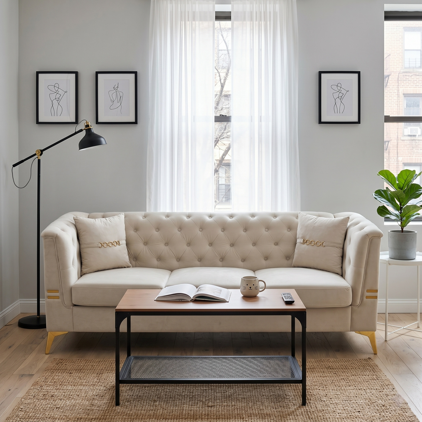 Contemporary Velvet Sofa and Throw Pillows