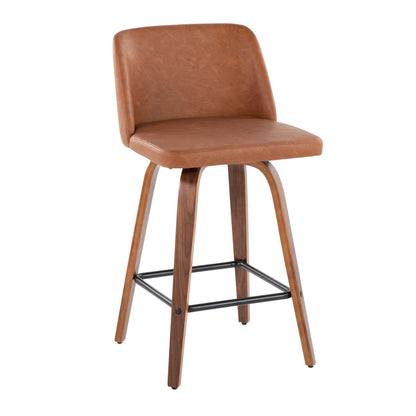 Toriano mid-century fixed-height counter stool in caramel leather with curved wood legs on Tampa Home & Garden Store