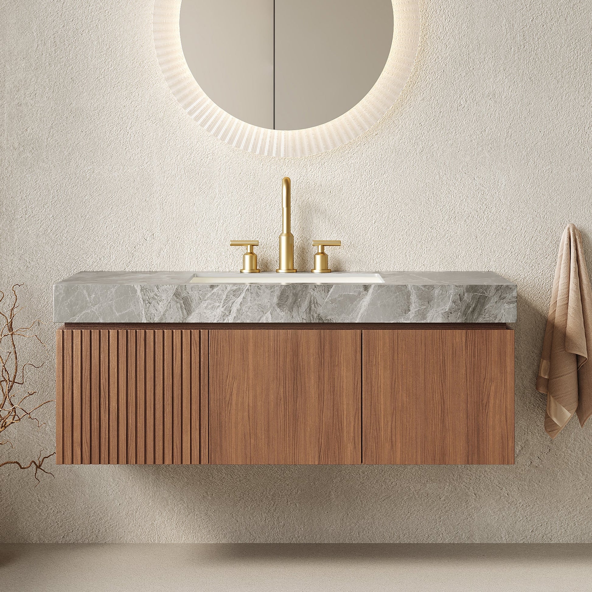 MURI 48-inch bathroom vanity and sink with floating plywood cabinet, gray marble countertop on Tampa Home & Garden Store