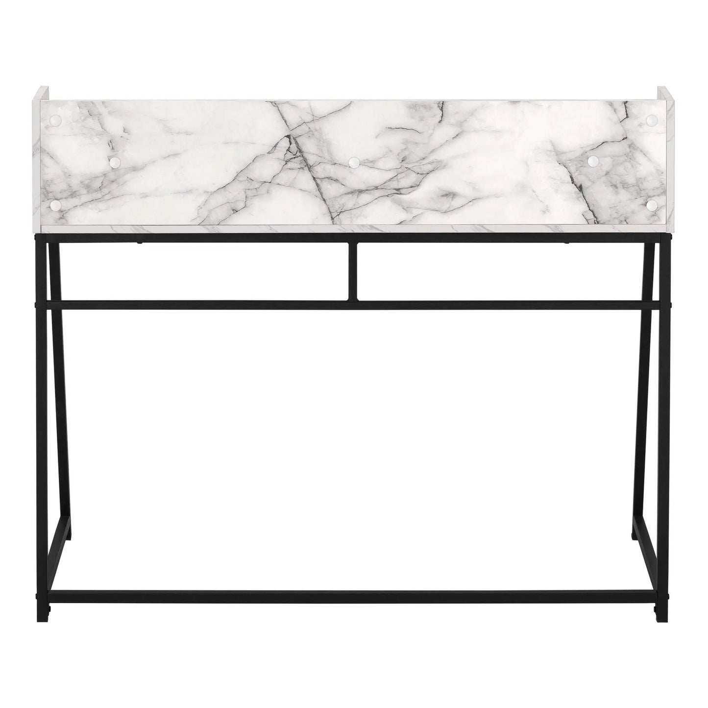 Marble top computer desk with storage shelves and slim black metal frame on Tampa Home & Garden Store