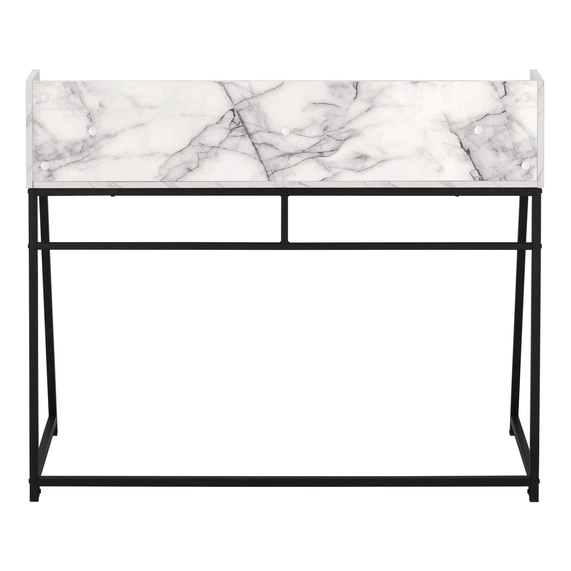 Marble top computer desk with storage shelves and slim black metal frame on Tampa Home & Garden Store