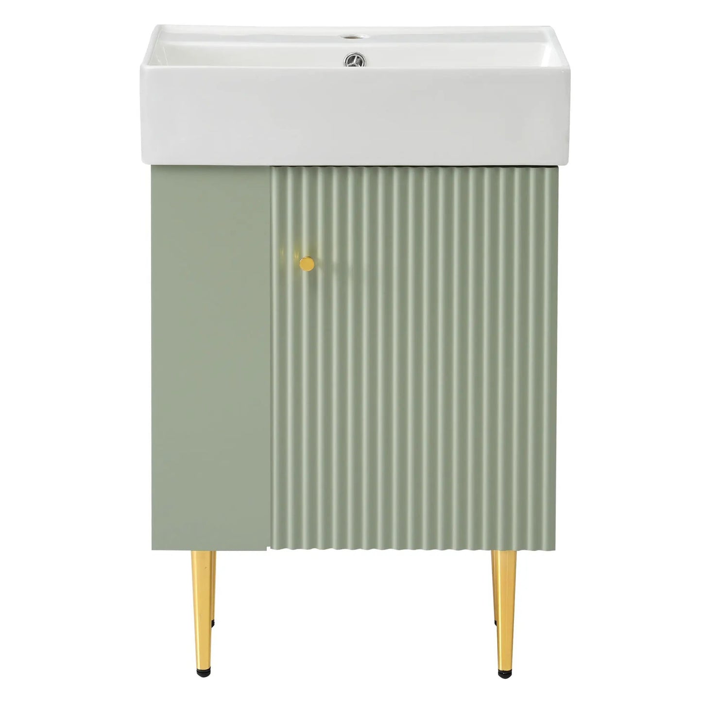 Bathroom vanity combo with white ceramic sink, sage green ribbed base on wooden legs on Tampa Home & Garden Store