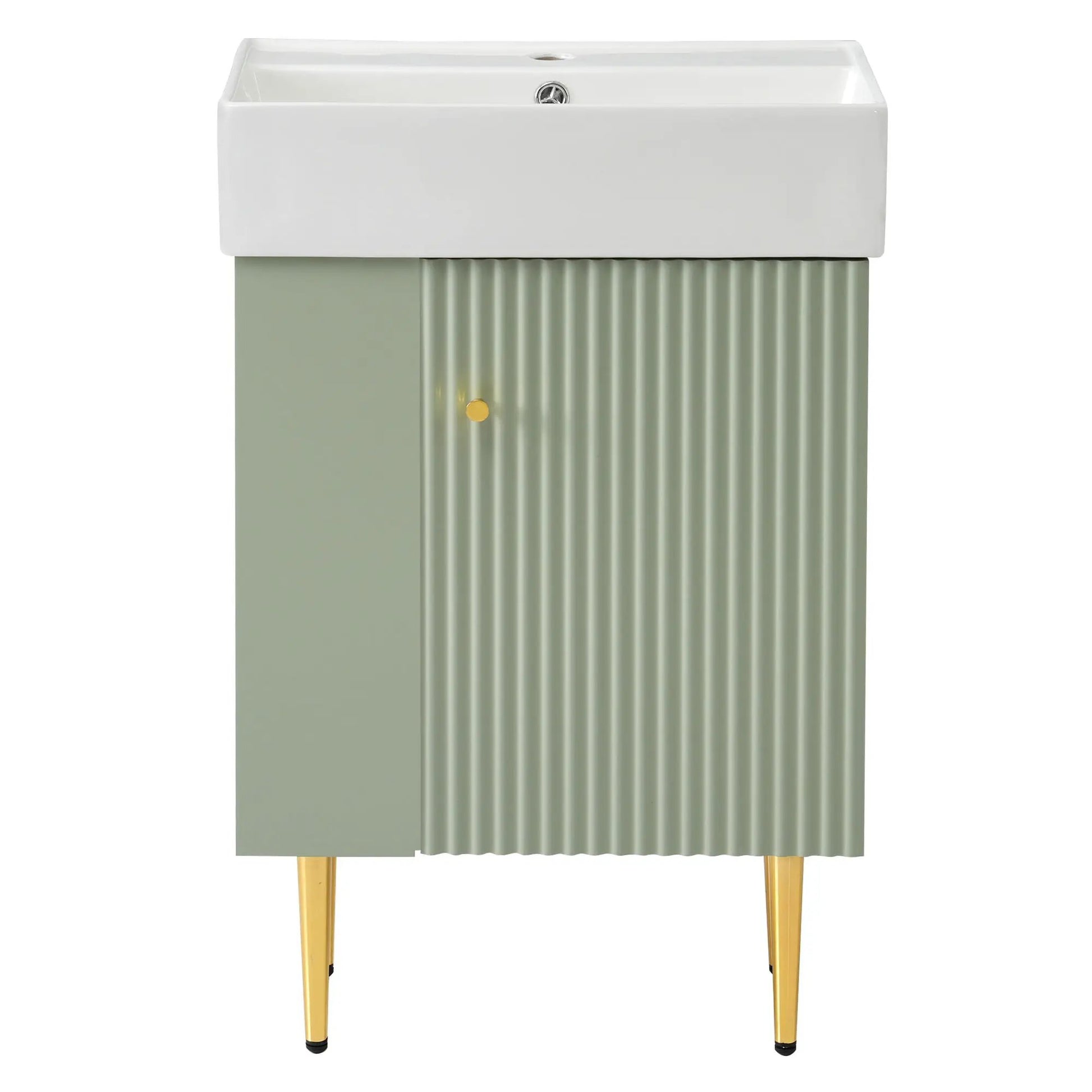 Bathroom vanity combo with white ceramic sink, sage green ribbed base on wooden legs on Tampa Home & Garden Store