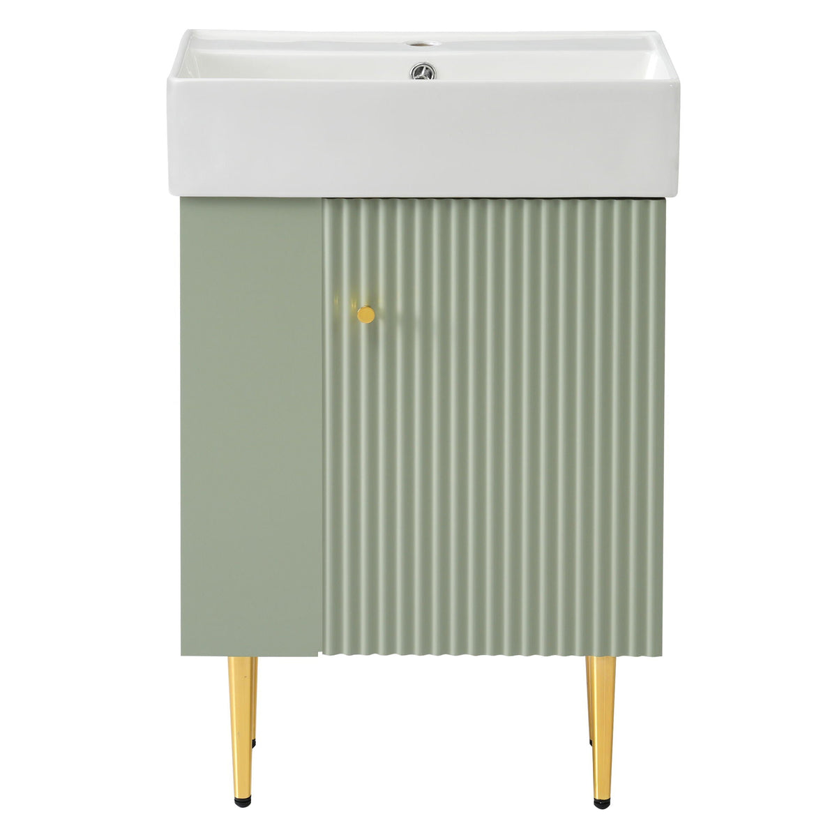 Bathroom vanity with ceramic sink atop sage green side storage cabinet on slim wooden legs on Tampa Home & Garden Store