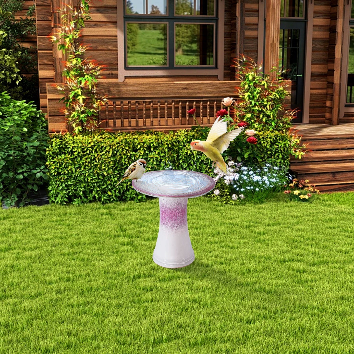 Birdbath for patio garden white pink pedestal by HouseOfZazla with birds in yard on Tampa Home & Garden Store