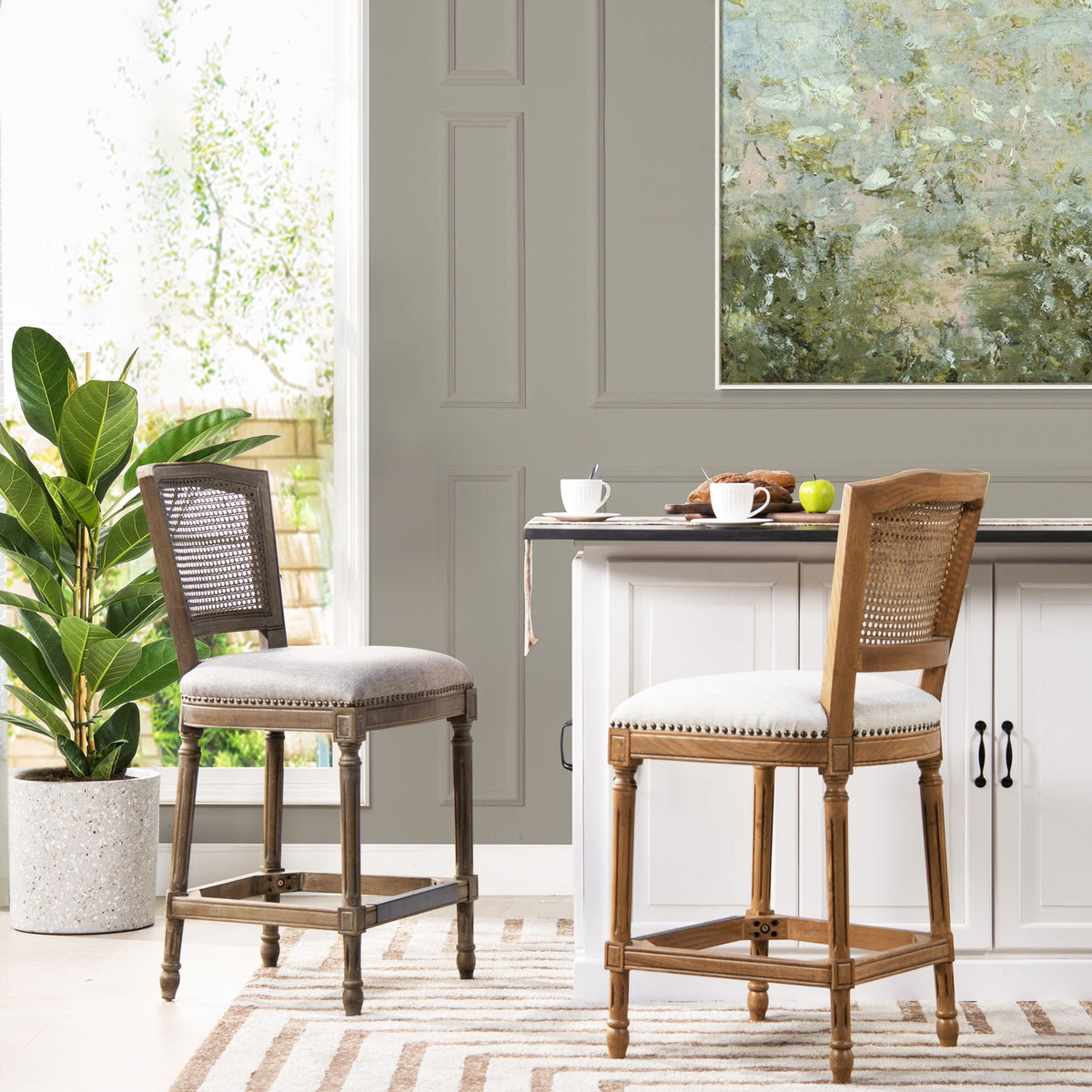 Rattan wicker high-back counter stool with oak frame gray or dark brown, 24–27 in height, pair on Tampa Home & Garden Store