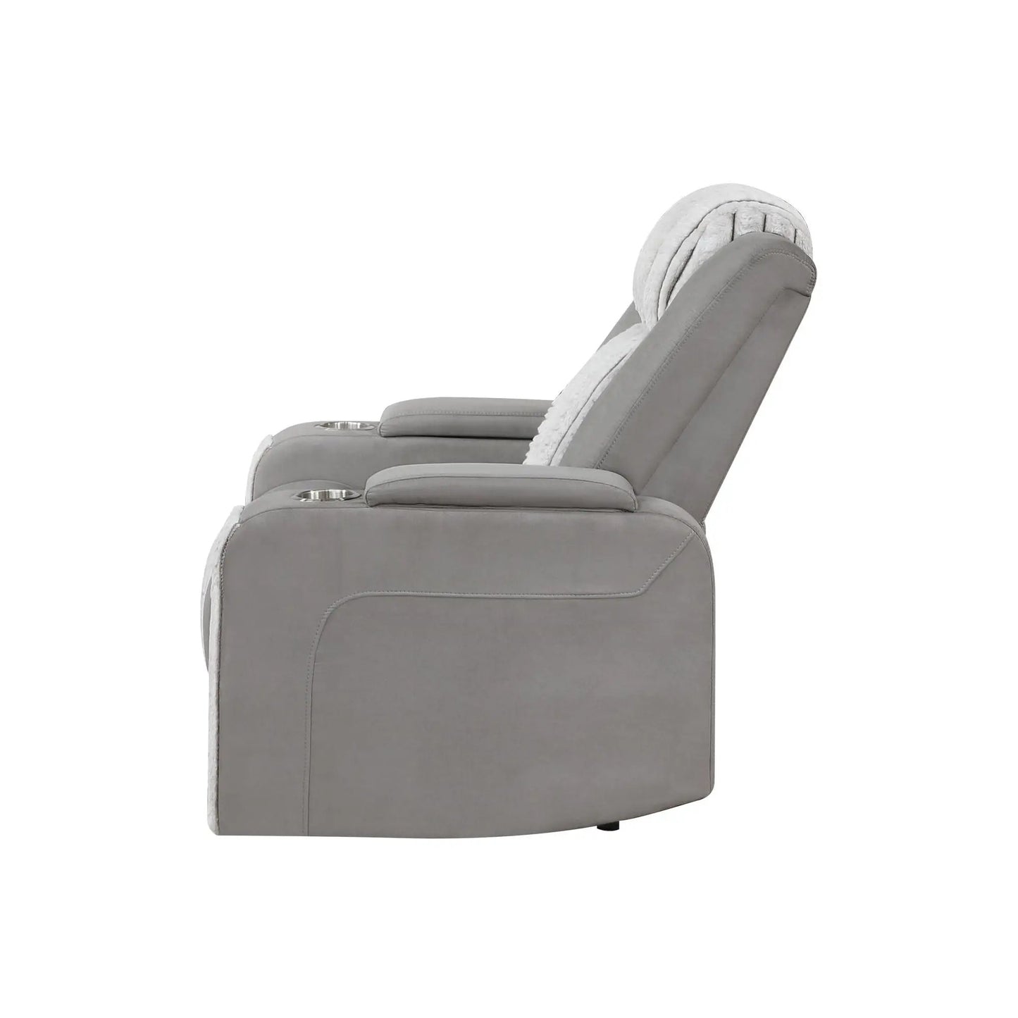 Duran power recliner with headrest in gray upholstery and cup holder on Tampa Home & Garden Store